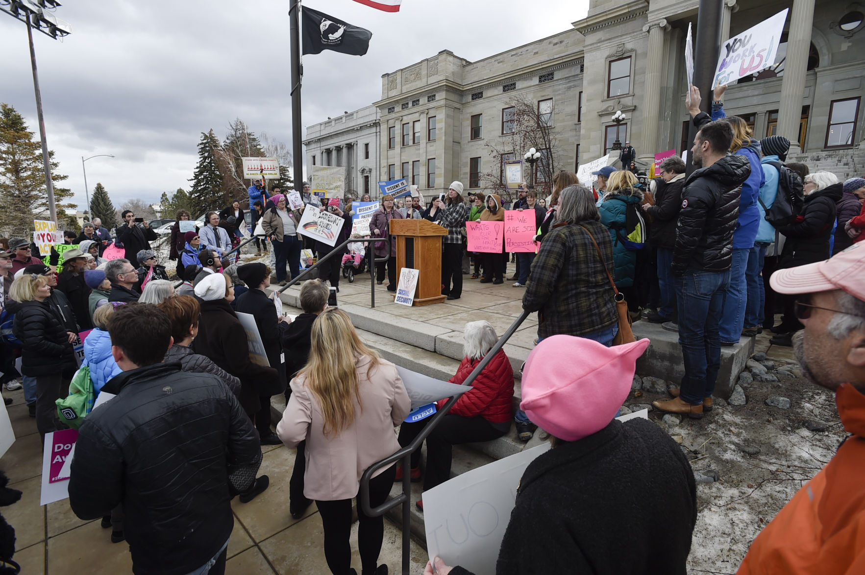 Hundreds of protesters gather to "Bring the Town Hall to Steve Daines"
